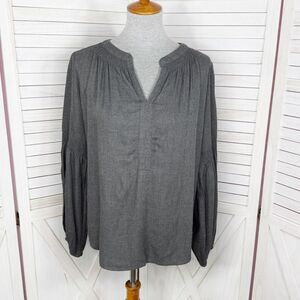 Loft V Neck Pop Over Boho Peasant Blouse Long Sleeve Denim Gray Small